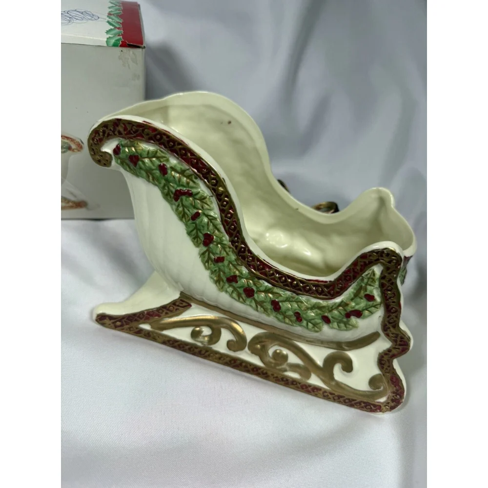 Holiday Style Porcelain Ribbon Collection Sleigh With Poinsettia EUC - Picture 4 of 11